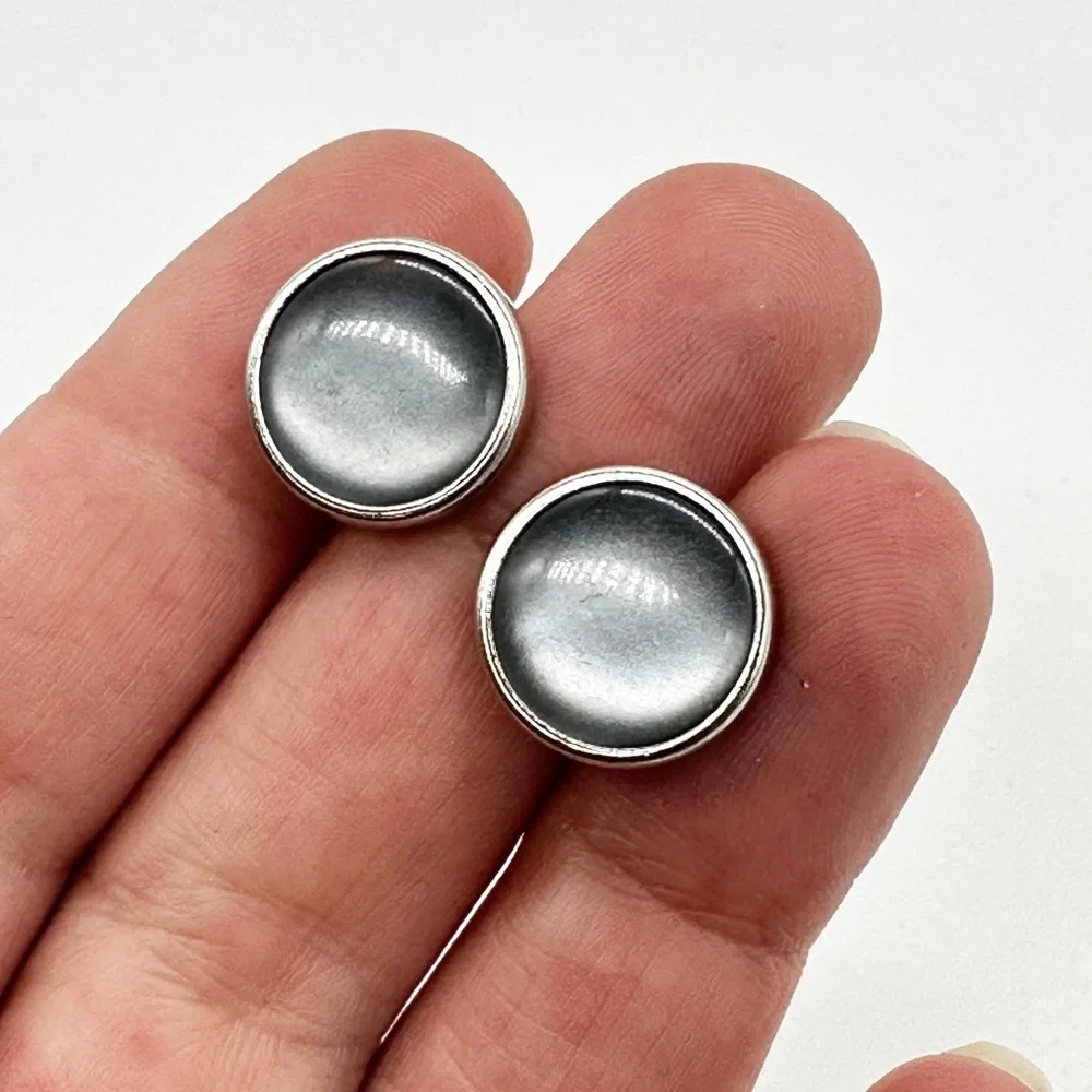 Vintage Silver Tone Smoke Grey Stone Round Cufflinks Unsigned